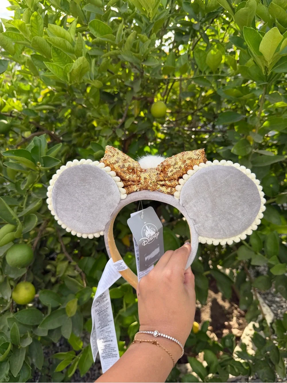 Gold Sequin Bow Mouse Ear Headband with Cream Pom